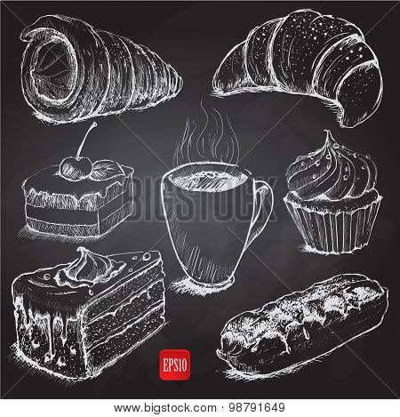 confectionery. set of vector sketches on chalkboard