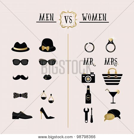 Black and golden hipster Men Vs Women accessories and design icons on pink background
