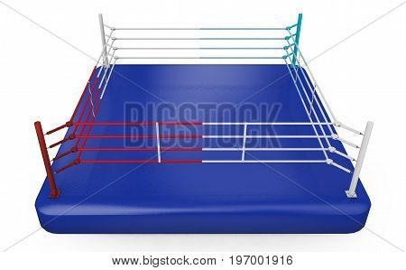 A 3D render of a modern boxing ring with opposing blue and red corners on an isolated white studio background