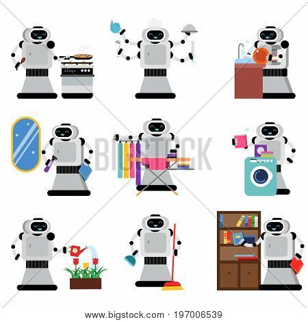 Robots assistants helping people in housework duties set, artificial intelligence vector Illustrations isolated on white background
