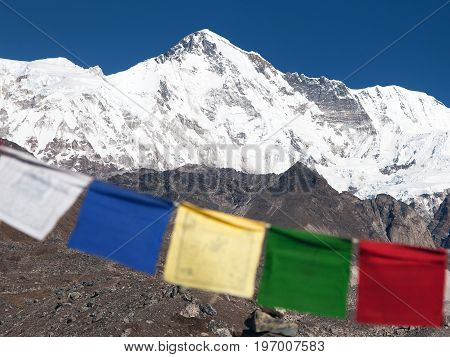 Mount Cho Oyu with prayer flags - way to Cho Oyu base camp gokyo valley Everest area Sagarmatha national park Khumbu valley Nepal