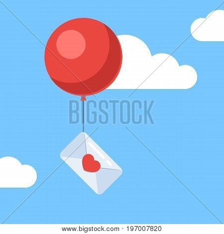 A love letter tied to a balloon flying in the sky. Love mail concept. Vector illustration in trendy flat style