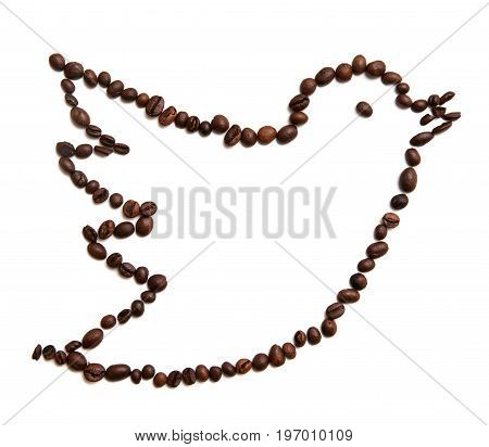 Kharkov, Ukraine - April 19, 2017: Icon of Twitter made of coffee beans on white background. Twitter is social network of microblogging where users post and interact with messages