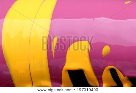 Eggplant With Pouring Yellow And Purple Paint Background, Macro Closeup.texture