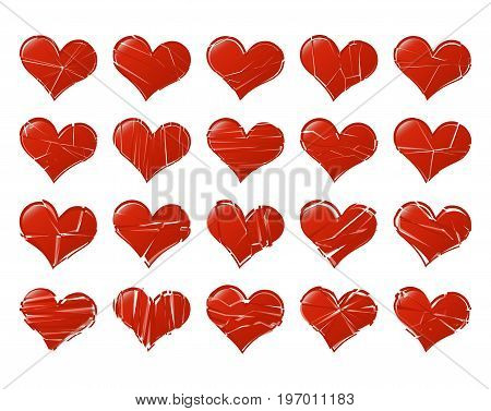Set of vector broken hearts shape classic. Fall out of Love abstract. Bored lover depression concept.
