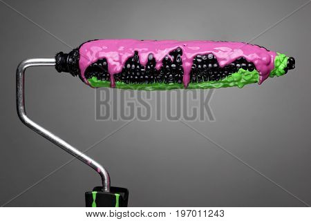 Paint Roller Black Corn With Pouring Green Toxic And Purple Paint On Gray Background. Fashion Food C