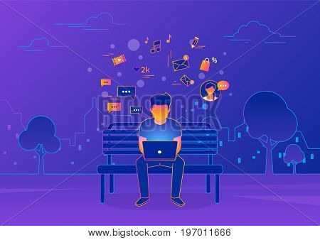Young man sitting in the street and working with laptop on violet background. Gradient line vector illustration of social networking, searching news, sending email and texting to friends