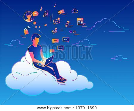 Young man sitting on the cloud in the sky and working with laptop. Gradient line vector illustration of social networking, searching news, sending email and texting to friends