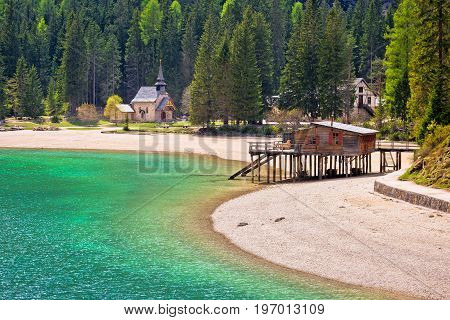 Chapel And Braies Lake In Dolomite Apls View