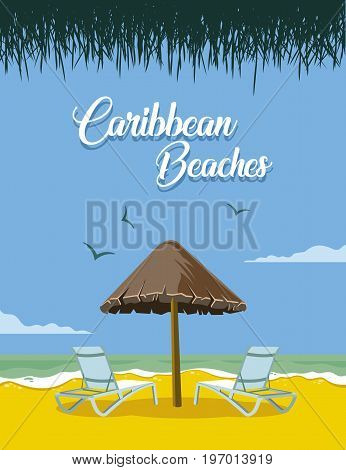 Image of beach with umbrella and chairs on caribbean beaches