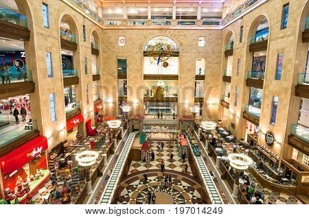 Moscow, Russia-march 23, 2017: Famous Detsky Mir Department Store With Illuminated Largest Clock In 