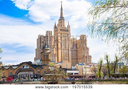Moscow Russia- May 012017:The Kudrinskaya Square Building as seen from Moscow zoo on May 012017 in Moscow. The Kudrinskaya Square Building is one Stalinist skyscrapers.