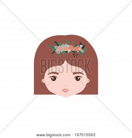 colorful caricature closeup front view face woman with straigh short hairstyle and crown decorate with flowers vector illustration