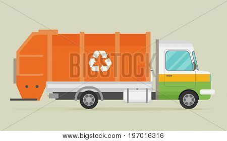 Orange garbage truck transportation icon. Flat vector.