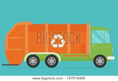 Orange garbage truck transportation icon. Flat vector.