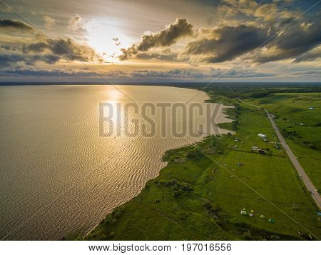 Beautiful lake Plescheevo at sunset - aerial view near Pereslavl-Zalessky Russia