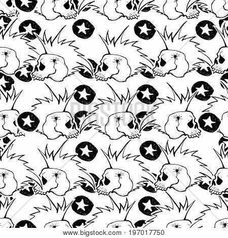Skulls and bones. Vector cute punk rock abstract background. Hand drawn monochrome seamless pattern. Cartoon style.