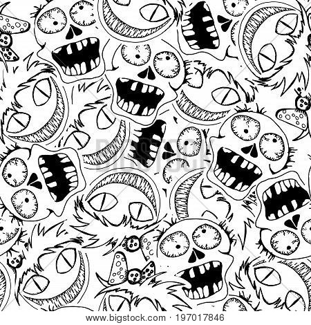 Skulls zombie. Vector seamles pattern. Crazy zombie hand drawn background. Can use for party decoration gift wrapp prints home decor.