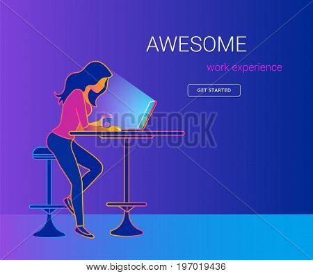 Young woman working with laptop and drinking coffee in cafe. Modern gradient line vector illustration of teen student using laptop and getting work experience. People learning and studying online