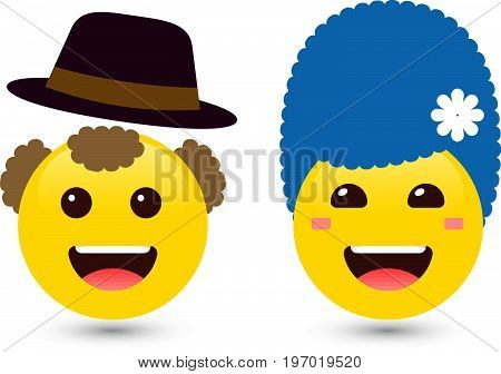 Vector illustration of two adult smiley yellow emoticons on white background. Set of volume emoji. Smile icons of man with hat and woman with blue hair. Funny expressing social smileys