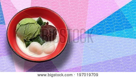 Japanese flavor Green Tea Ice cream with soy milk and mochi dessert on colorful texture background.