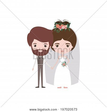 colorful caricature newly married couple bearded groom with formal wear and bride with bun hairstyle vector illustration