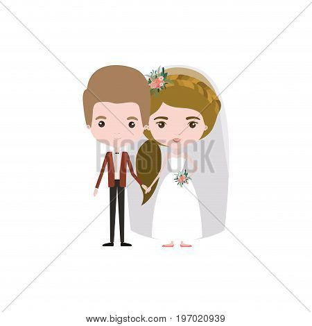 colorful caricature newly married couple groom with formal wear and bride with ponytail side long hairstyle vector illustration