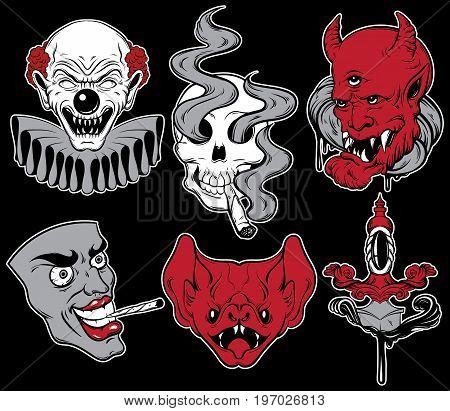 Vector collection of fashion badges with angry heads human skull bat and dagger. Template for card poster banner print for t-shirt made in cartoon style.