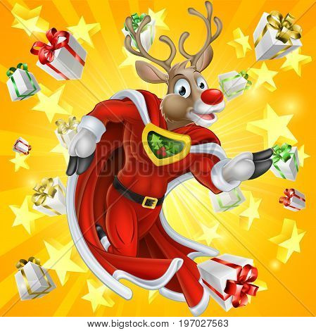 A cute cartoon superhero Christmas Reindeer character running with stars and Chrismas gifts or presents in the background