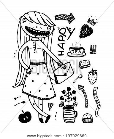 Freehand doodle girls items hand drawn set. Vector illustration.