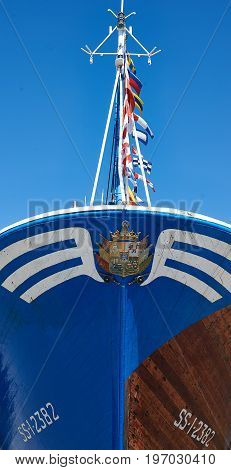Hondarribia Spain - July 16 2017. Fishing boat moored in Hondarribia (Fuenterrabia) fishing port. Gipuzkoa Basque country Spain.