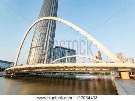 Tianjin city waterfront downtown skyline with Haihe river,China.