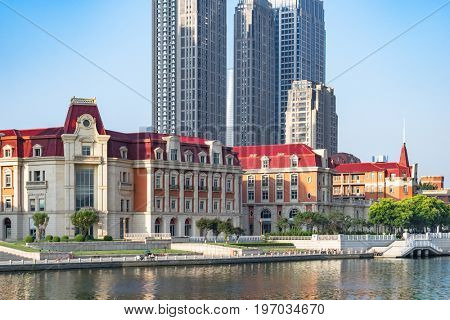 Tianjin city waterfront downtown skyline with Haihe river,China.
