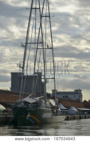 Rio de Janeiro Brazil - may 01 2017: Green Peace ship (Warrior Raimbow) anchored in the port of Rio de Janeiro open for public visitation