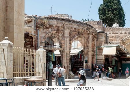 Jerusalem Israel July 14 2017 : Entering the market Suq Aftimos market in Muristan Street in the old city of Jerusalem Israel.