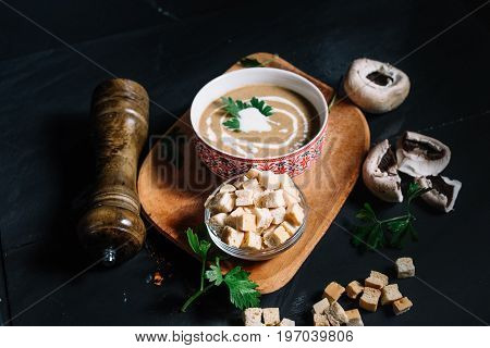 Top View Of Entree At Restaurant, Creamy Delicious Mushroom Cream Soup Served Hot And Chilli