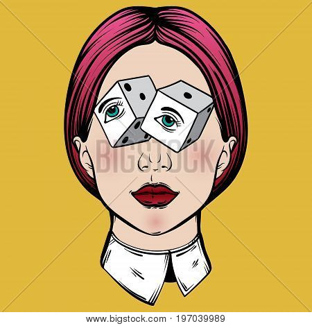 Vector hand drawn illustration of young pretty girl . Surreal tattoo artwork. Colorful template for card poster banner print for t-shirt .