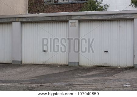 Car rows garages. Car garage with closed gates.