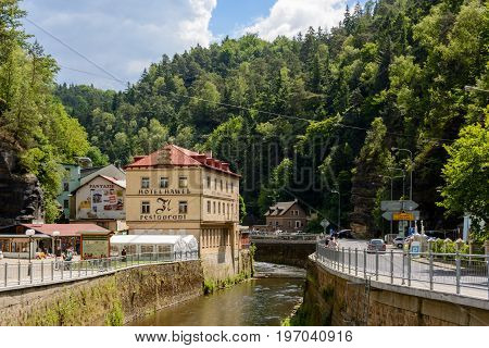 Hrensko, Czech Republic - June 8, 2017: City Hrensko on Kaminitska river in Bohemian Switzerland national park