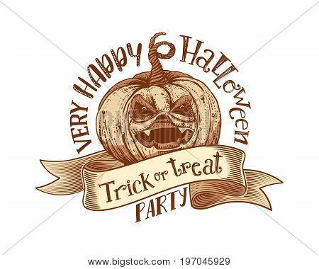 Trick or treat and Happy Halloweeen Party on engaved vintage tape with hand drawn pumpkin. Vector art. Unique design element for poster or banner. Halloween pumpkin and lettering. Sketch