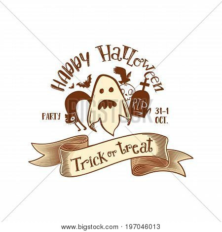 Trick or treat and Happy Halloweeen Party logo. Engaved vintage tape. Pumpkin, ghost, rip, bat. Vector art. Unique design element for poster, flayer or banner. Halloween symbols and lettering. Sketch style