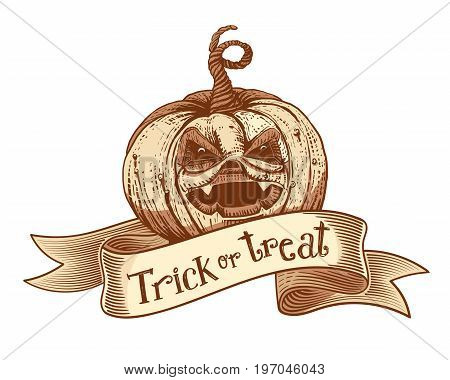 Trick or treat holidays quote on engaved vintage tape with hand drawn pumpkin. Vector art. Unique design element for poster or banner. Halloween typography symbol with pumpkin and lettering. Sketch
