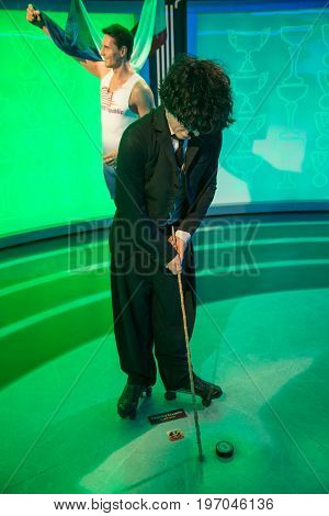 Prague, Czech republic, July 22, 2017: Charlie Chaplin in Grevin museum of the wax figures in Prague.