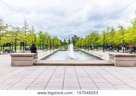Montreal, Canada - May 26, 2017: Parc Des Faubourgs With Fountains And People In City In Quebec Regi