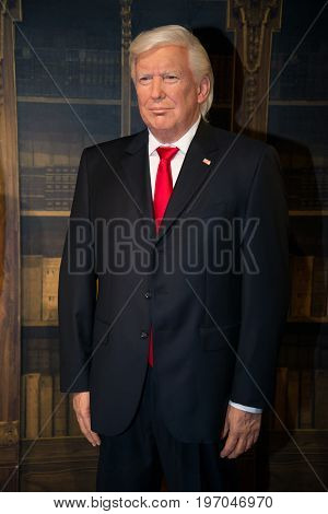 Prague, Czech republic, July 22, 2017: Donald Trump in Grevin museum of the wax figures in Prague.
