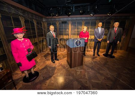 Prague, Czech republic, July 22, 2017: Queen Elizabeth II, Vaclav Havel, Angela Merkel, Barack Obama and Donald Trump in Grevin museum of the wax figures in Prague.