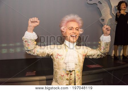 Prague, Czech republic, July 22, 2017: Wolfgang Amadeus Mozart in Grevin museum of the wax figures in Prague.