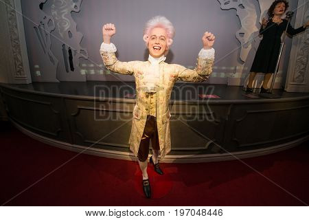Prague, Czech republic, July 22, 2017: Wolfgang Amadeus Mozart in Grevin museum of the wax figures in Prague.