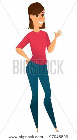 Stylized character. Modern business woman making greeting gesture and smiling. Businesswoman cartoon character. Freelancer. Vector illustration
