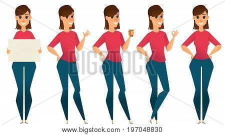Stylized character set. Smiling business woman holding blank sign making greeting gesture holding coffee showing ok sign and standing with hands on hips. Businesswoman cartoon character. Vector